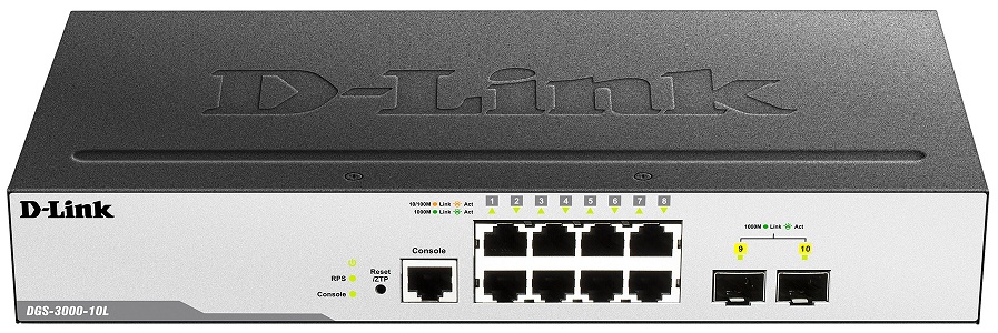 8-port 10/100/1000 BaseT + 2-port SFP L2 Gigabit Managed Switch D-Link DGS-3000-10L