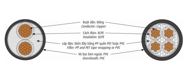 Cáp điện lực hạ thế 3 lõi pha + 1 lõi đất 0.6/1kV  CADIVI CXV-3x10+1x6