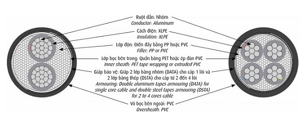 Cáp điện lực hạ thế có giáp bảo vệ 2 lõi 0.6/1kV CADIVI AXV/DSTA-2x35 (56006011)