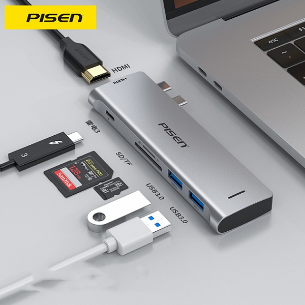 Hub chuyển đổi Type-C sang 2xUSB + TBT3 + HDMI + SD + TF PISEN NJ-TC22