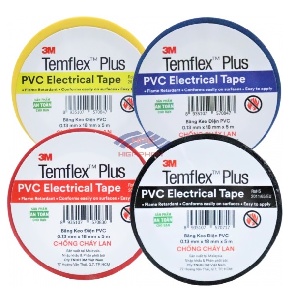 Băng keo điện PVC Electrical Tape Temflex Plus 3M (đen, xanh dương, đỏ, vàng)