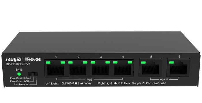 6-port 10/100Mbps Desktop Unmanaged Switch RUIJIE RG-ES106D-P V2