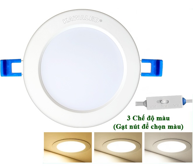 Đèn Led âm trần đúc nguyên khối 9W có nút gạt đổi màu KAWALED DL90-9W-3CM