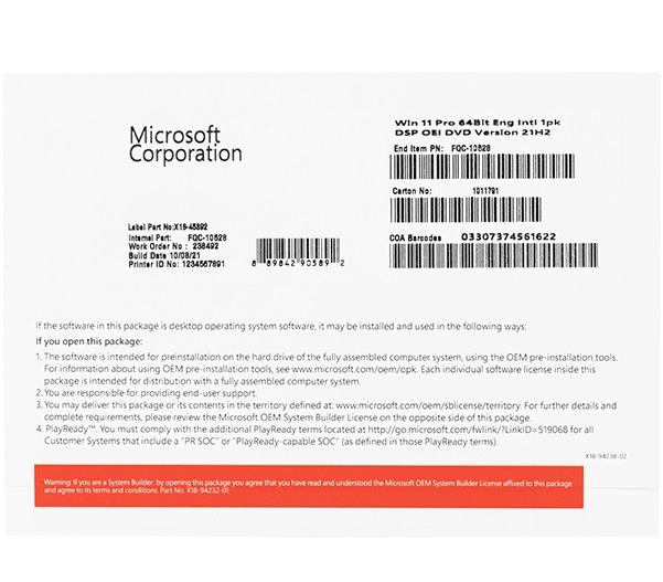 Phần mềm Microsoft Windows Pro 11 64Bit Eng Intl 1pk DSP OEI DVD FQC-10528